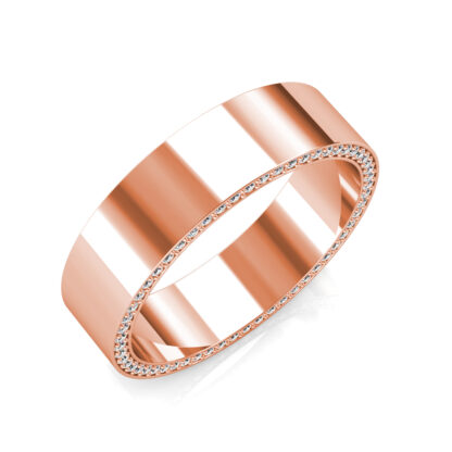 Perspective view of rose gold hidden diamond edge pave band