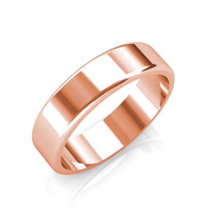 Perspective view of rose gold classic polished flat band for men