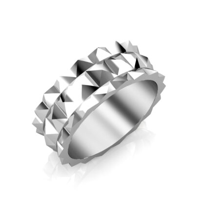 Perspective view of white gold or platinum double row pyramid stud band for men