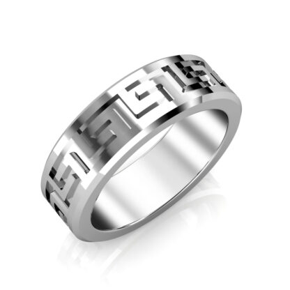 Perspective view of white gold or platinum Greek key pattern beveled band for men