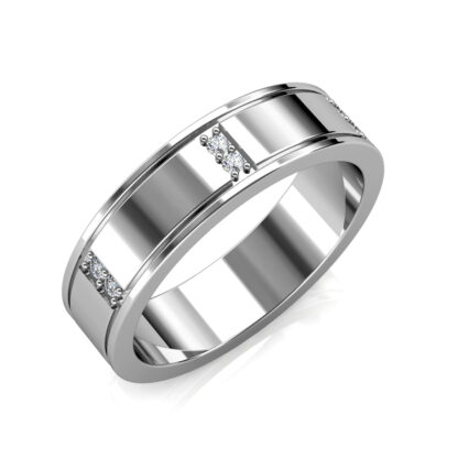 Perspective view of white gold or platinum paired diamond station band for men