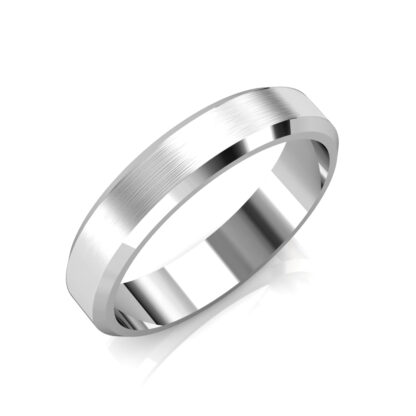 Perspective view of white gold or platinum brushed beveled edge band for men