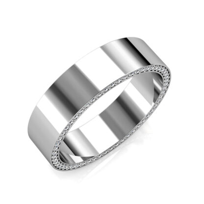 Perspective view of white gold or platinum hidden diamond edge pave band