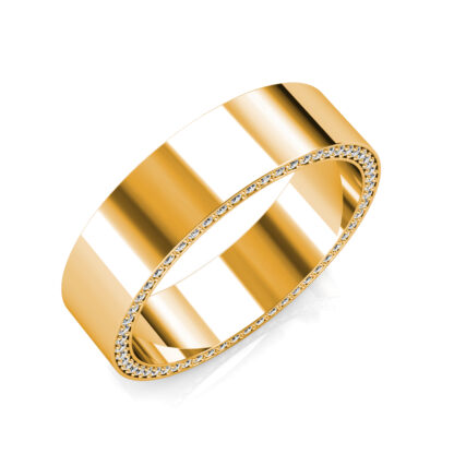 Perspective view of yellow gold hidden diamond edge pave band