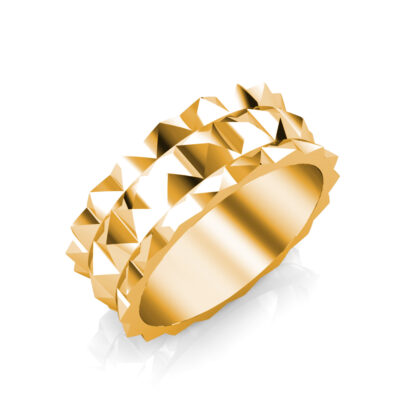 Perspective view of yellow gold double row pyramid stud band for men