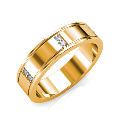 Perspective view of yellow gold paired diamond station band for men