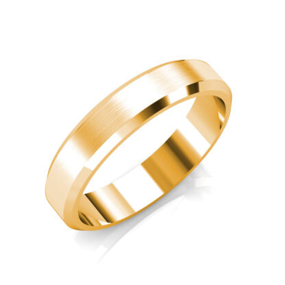 Perspective view of yellow gold brushed beveled edge band for men