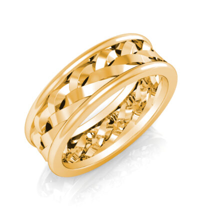 Perspective view of yellow gold braided openwork band for men