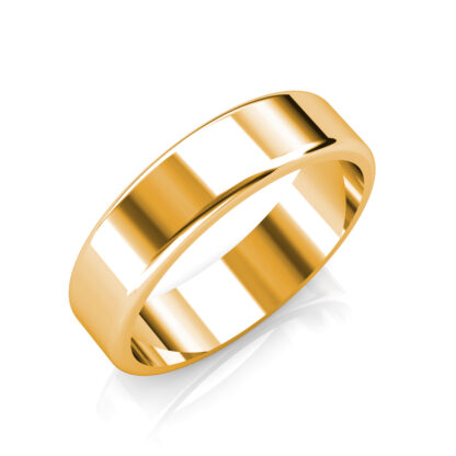Perspective view of yellow gold classic polished flat band for men