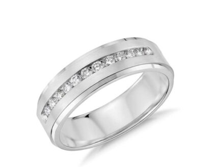 Second angled view of white gold or platinum channel-set diamond brushed band for men
