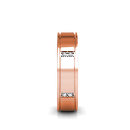 Side view of rose gold paired diamond station band for men showing the band depth