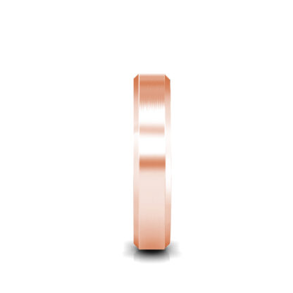 Side view of rose gold brushed beveled edge band for men showing the band depth