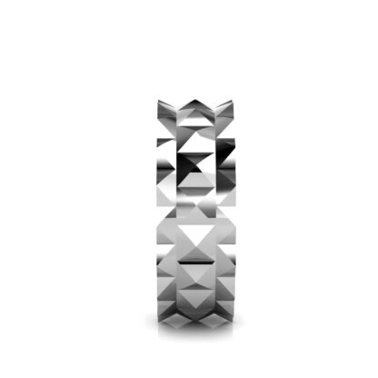 Side view of white gold or platinum double row pyramid stud band for men showing the band depth