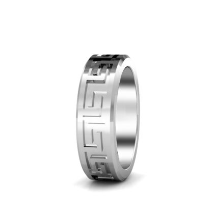 Side view of white gold or platinum Greek key pattern beveled band for men showing the band depth
