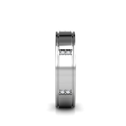 Side view of white gold or platinum paired diamond station band for men showing the band depth