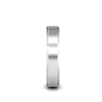 Side view of white gold or platinum brushed beveled edge band for men showing the band depth