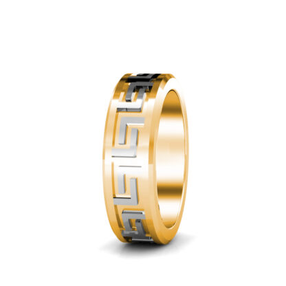 Side view of yellow and white gold Greek key pattern beveled band for men showing the band depth