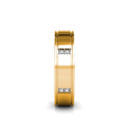 Side view of yellow gold paired diamond station band for men showing the band depth