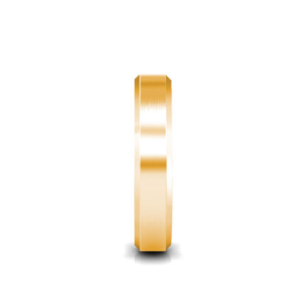 Side view of yellow gold brushed beveled edge band for men showing the band depth