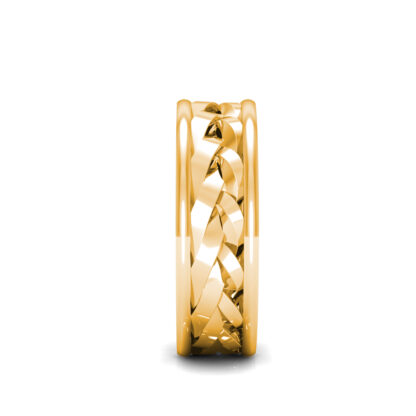 Side view of yellow gold braided openwork band for men showing the band depth