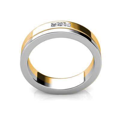 Second angled view of white and yellow gold two-tone princess diamond band for men