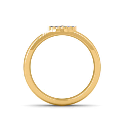 Through-finger view of two-tone yellow and white gold two-tone diamond cluster ring for men showing the band profile