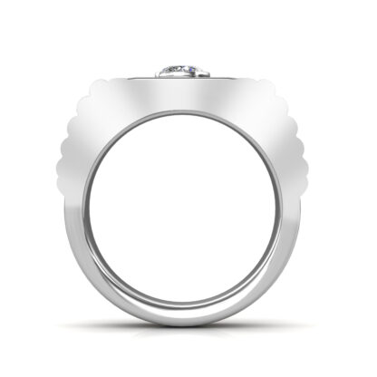 Through-finger view of white gold or platinum stepped ridge bezel diamond ring for men showing the band profile