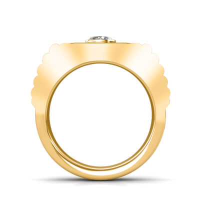 Through-finger view of yellow gold stepped ridge bezel diamond ring for men showing the band profile