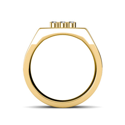 Through-finger view of yellow and white gold two-tone nine diamond grooved ring for men showing the band profile