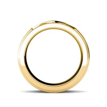 Through-finger view of yellow gold crosshatch diamond ring for men showing the band profile