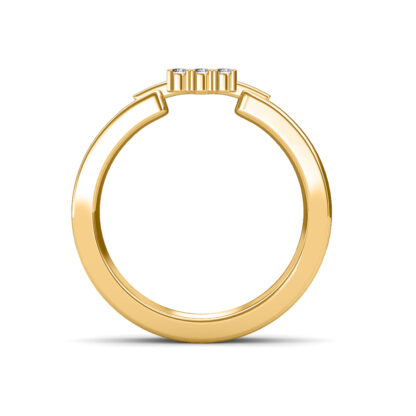 Through-finger view of two-tone yellow and white gold two-tone nine diamond bridge ring for men showing the band profile