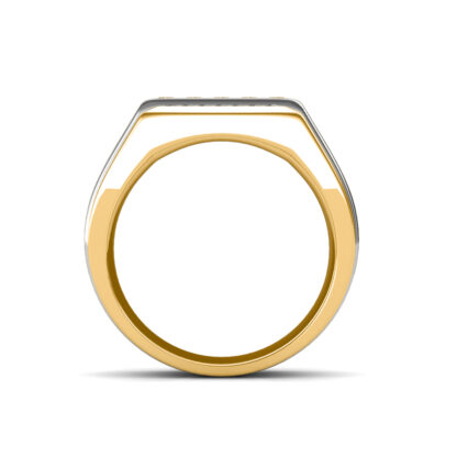Through-finger view of two-tone yellow and white gold three row channel-set diamond ring for men showing the band profile
