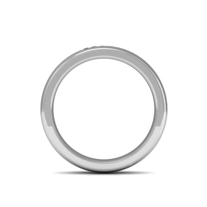 Through-finger view of white gold slanted channel diamond domed band for men showing the band profile