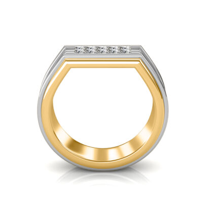 Through-finger view of two-tone yellow and white gold two-tone ridged diamond ring for men showing the band profile