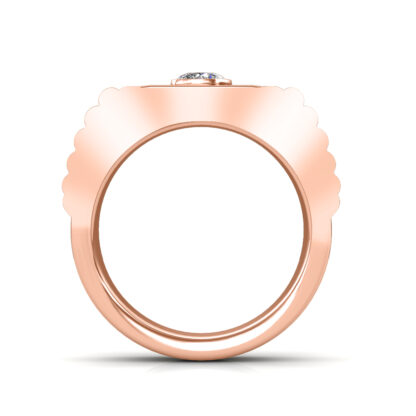 Through-finger view of rose gold stepped ridge bezel diamond ring for men showing the band profile