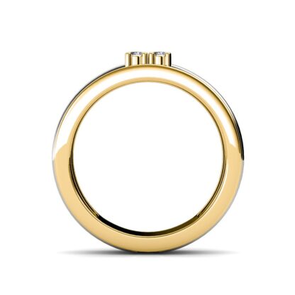 Through-finger view of yellow and white gold double groove four diamond ring for men showing the band profile