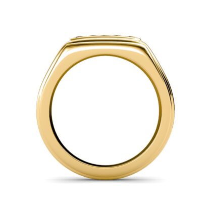 Through-finger view of yellow gold baguette and round diamond signet ring for men showing the band profile