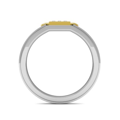 Through-finger view of white and yellow gold two-tone six diamond rectangle ring for men showing the band profile