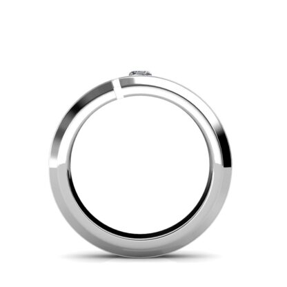 Through-finger view of white gold or platinum princess diamond cutout beveled band for men showing the band profile
