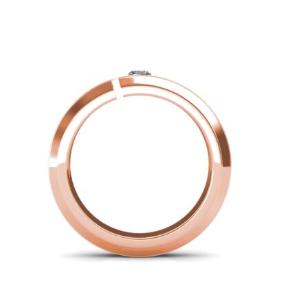 Through-finger view of rose gold princess diamond cutout beveled band for men showing the band profile