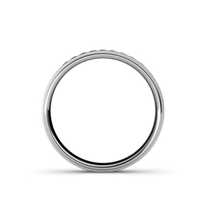 Front view of men's white gold wedding band with a row of round diamonds