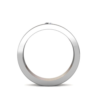 Through-finger view of white gold or platinum wave line diamond brushed band for men showing the band profile