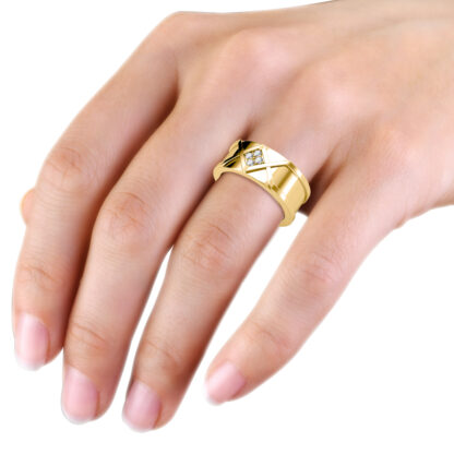 Yellow gold crosshatch diamond ring for men worn on the hand