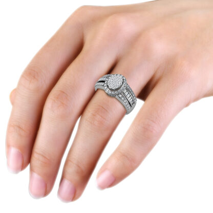 White gold or platinum oval diamond cluster baguette ring for men worn on the hand