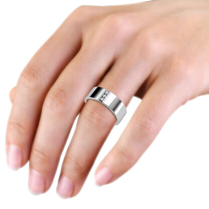 White gold or platinum vertical three diamond flat band for men worn on the hand