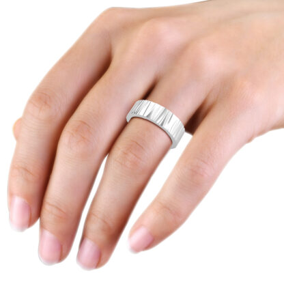 White gold or platinum bark texture band for men worn on the hand