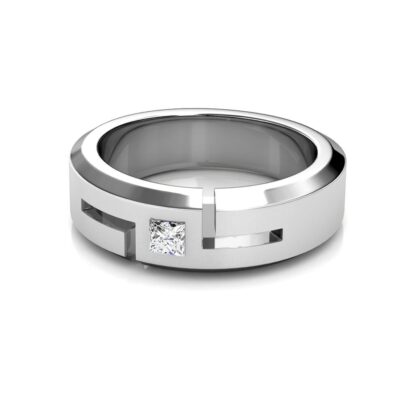 Front view of white gold or platinum princess diamond cutout beveled band for men