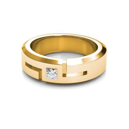 Front view of yellow gold princess diamond cutout beveled band for men