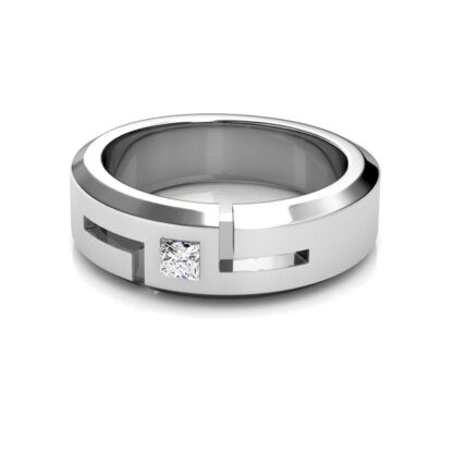 Front view of white gold or platinum princess diamond cutout beveled band for men