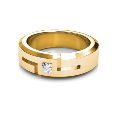 Front view of yellow gold princess diamond cutout beveled band for men